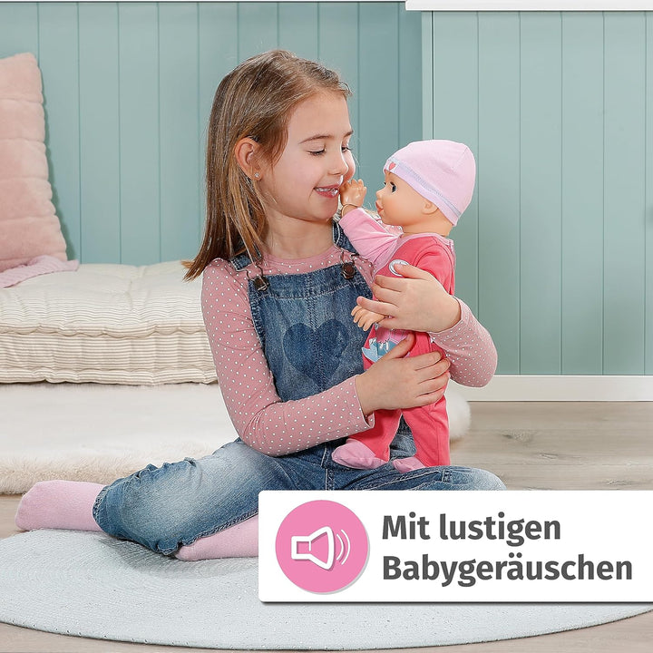Baby Annabell Emily lauf mit Mir 43cm, Krabbel- und Lauflernpuppe mit Soundfunktion, rosa Strampler