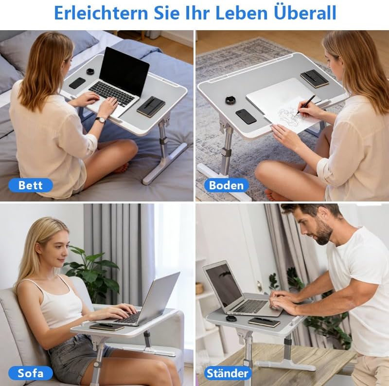 Laptoptisch fürs Bett, 5-Höhenverstellbar, Winkelverstellbar, Betttisch Klappbar mit Laptop Kühler,