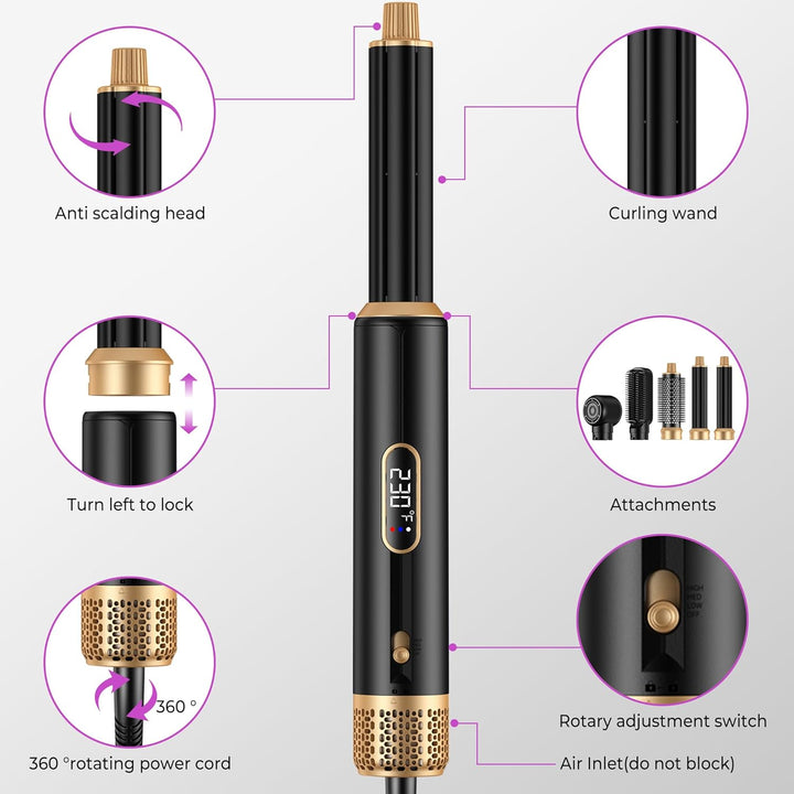 5 IN 1 Hairstyler 1000W Haarstyler, LCD Air Brush Rundbürstenföhn, Lockenstab und Haarglätter, 3 Tem