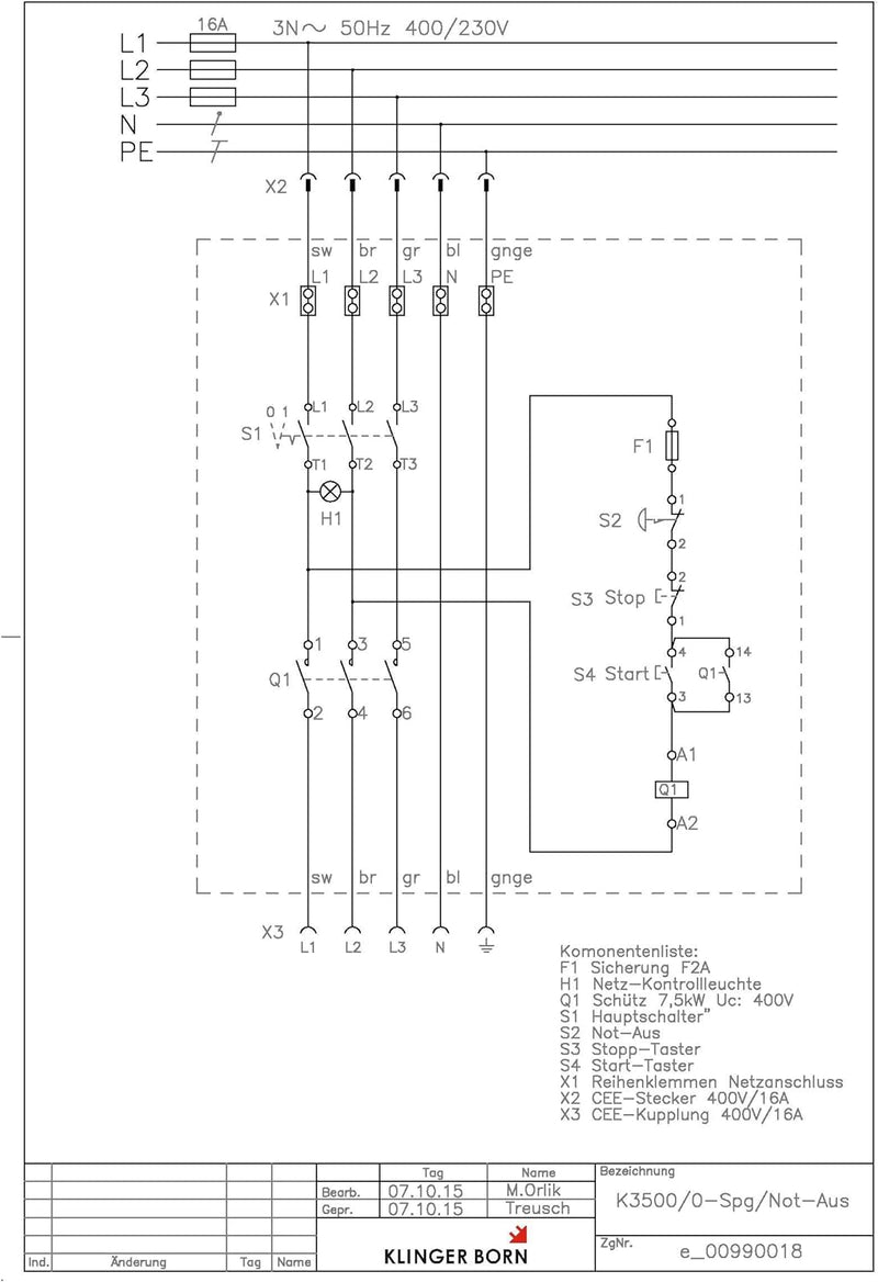 Schalter Starter K3500 3Ph-400V/7,5kW mit Not-Halt, Hauptschalter, Betriebsleuchte