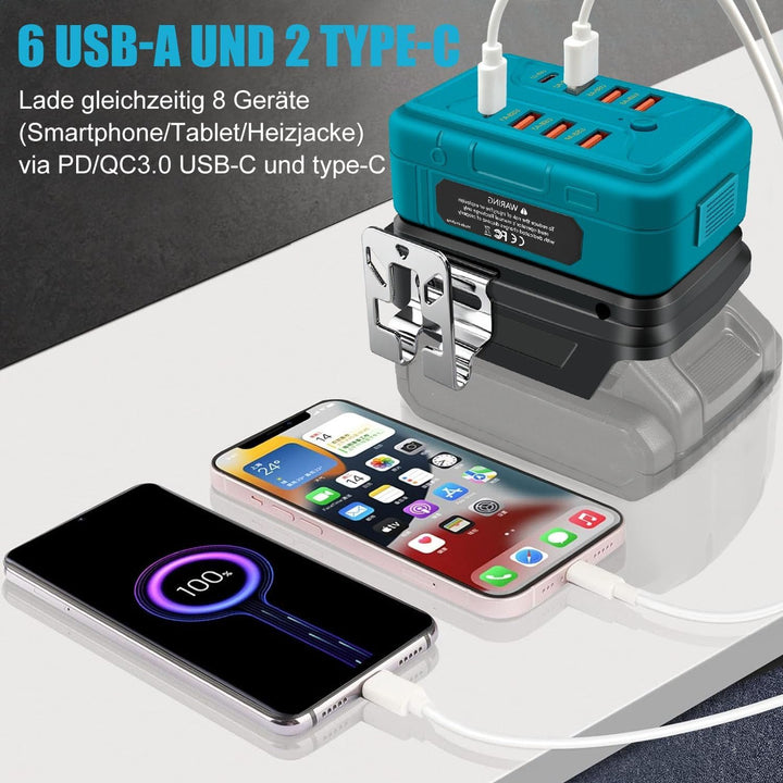 Akku Adapter kompatibel mit Makita 18V Lithium-Ionen Akkus - 6X USB-A & 2X USB-C Schnelllade-Ports,