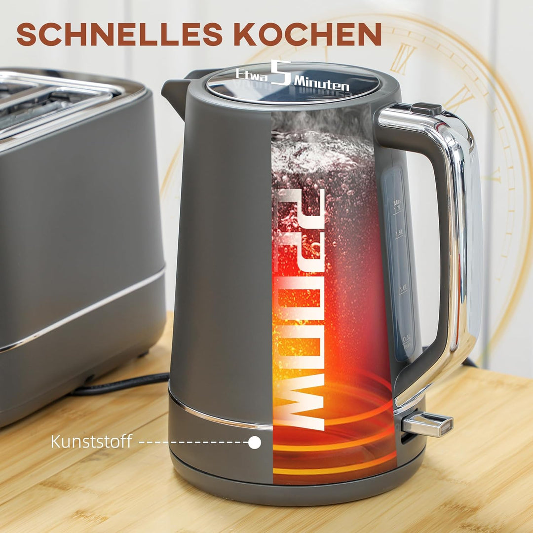 HOMCOM Wasserkocher Toaster Set 2200 W 1,7L Wasserkocher, 2 Scheiben Toaster, 6 Bräunungsstufen, Auf