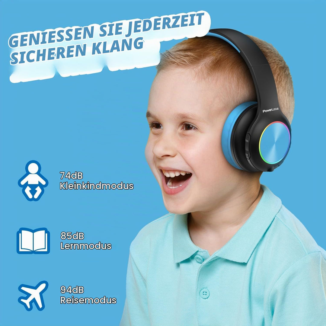 Kinderkopfhörer Bluetooth, PowerLocus Kinder Kopfhörer Kabellos mit LED-Leuchten 74/85/94dB Lautstär