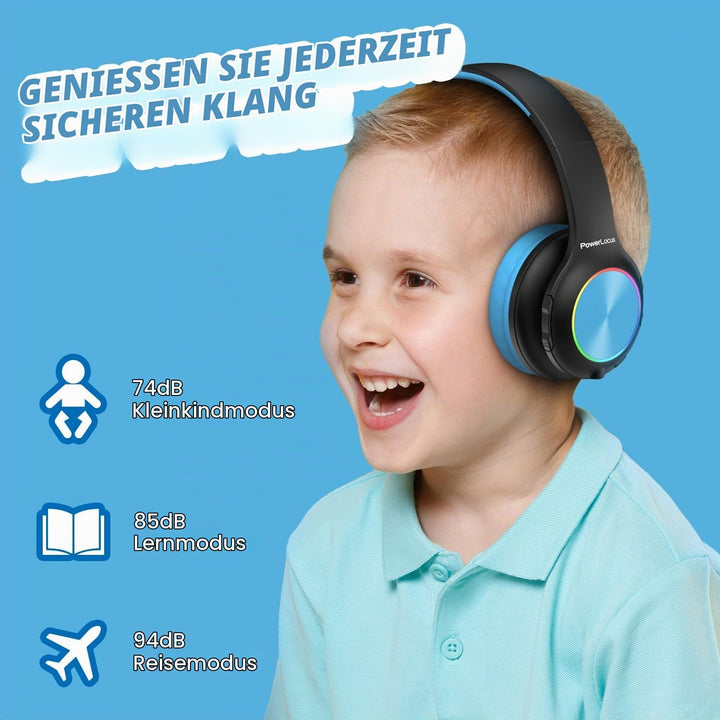 Kinderkopfhörer Bluetooth, PowerLocus Kinder Kopfhörer Kabellos mit LED-Leuchten 74/85/94dB Lautstär