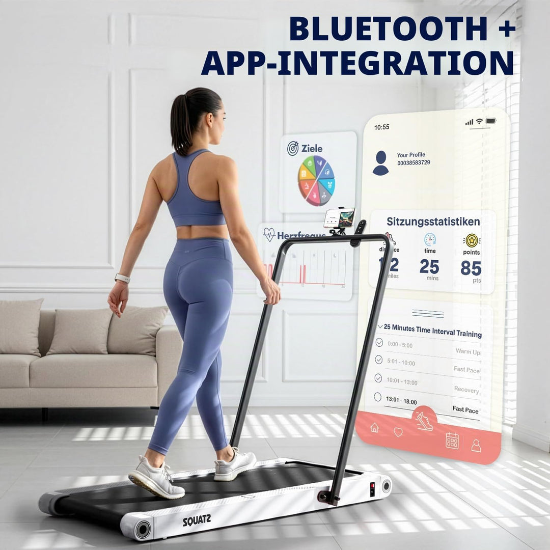 SQUATZ Walking Pad Laufband mit Handlauf für Zuhause, klappbar, Weiss 2-in-1 mit Vibrationsplatte, l