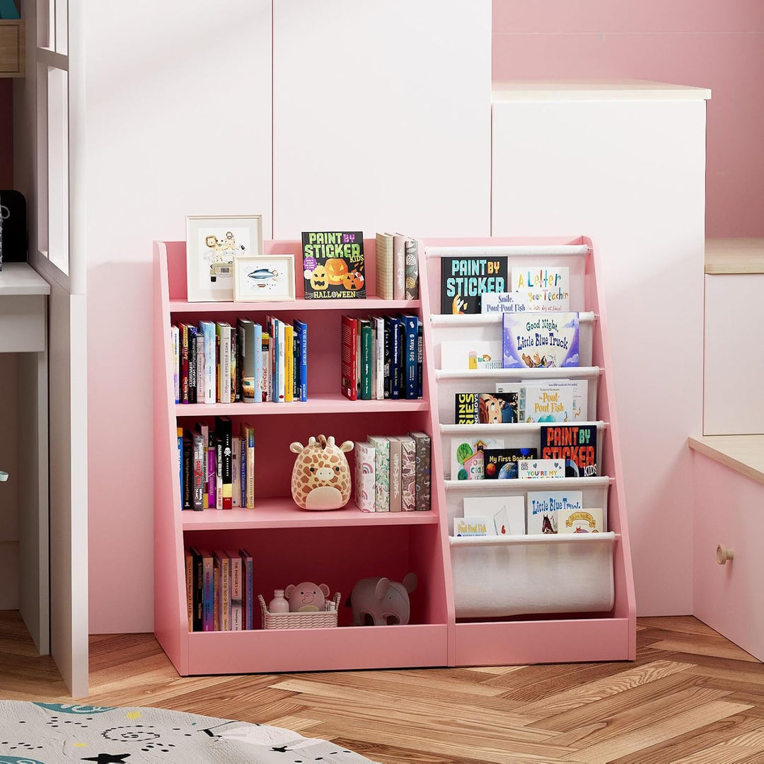 NACHES Kinderregal Bücherregal für Kinder, 90x40x80cm, mit 5 Ablage und 4 offenen Fächern, aus Holz,