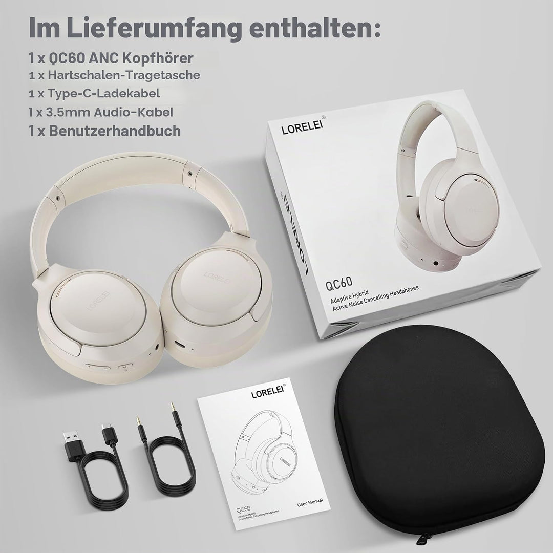 LORELEI QC60 Hybrid Active Noise Cancenlling Headphones,Wireless over ear Bluetooth Headsets with mi