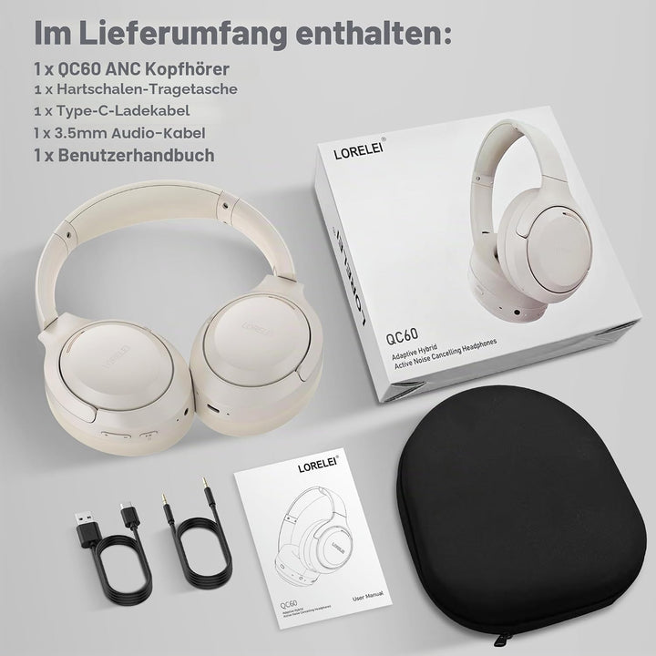 LORELEI QC60 Hybrid Active Noise Cancenlling Headphones,Wireless over ear Bluetooth Headsets with mi