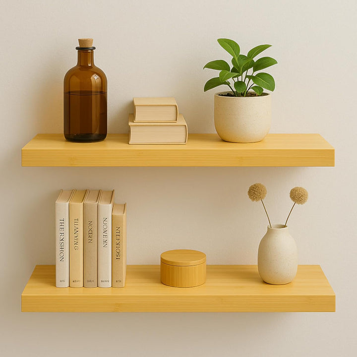 Wandregal Bretter 2er Set – Regalbretter 60x20x3,8 cm in Bambusoptik, Regalboden für Wohnzimmer Küch