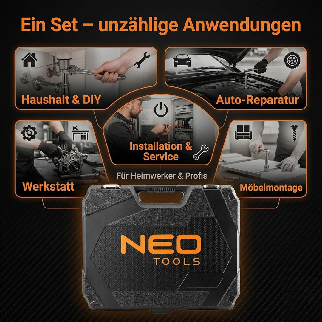 NEO TOOLS Universal Werkzeugkoffer 56-teilig mit Ratsche und Stecknüssen | CrV- und S2-Stahl; 72-Zah