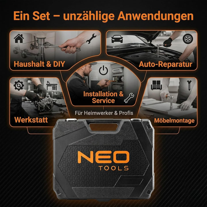 NEO TOOLS Universal Werkzeugkoffer 56-teilig mit Ratsche und Stecknüssen | CrV- und S2-Stahl; 72-Zah