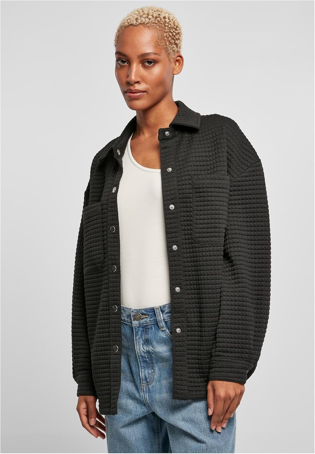 Urban Classics Damen Ladies Quilted Sweat Overshirt Strickjacke M Schwarz, M Schwarz