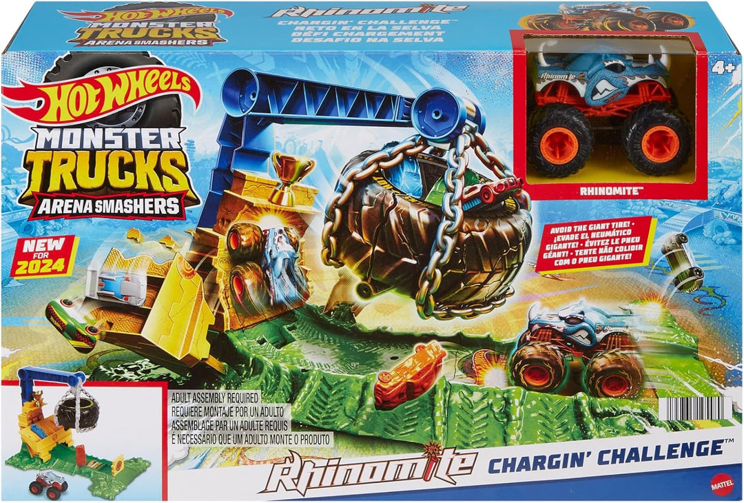 Hot Wheels Monster Trucks Rhinomite Angriffs-Challenge Spielset mit einem Spielzeugtruck und 2 zerdr