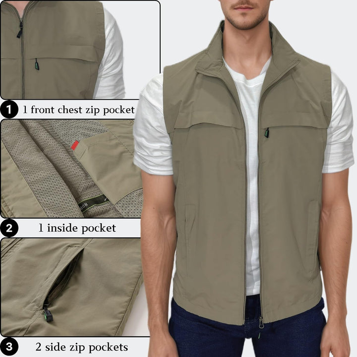 MeiLayM Herren Outdoor Angelweste Multi Pocket Weste Sommer Schnell Trocknende Weste Sport Reissvers