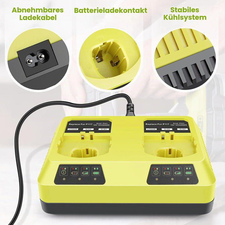 ASUNCELL P117 Dual Port Ladegerät für Ryobi Ladegerät, 18V Ersatz Ladegerät für Ryobi ONE+ P107 P108