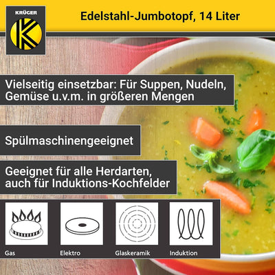 Krüger Edelstahl-Jumbotopf - Kochtopf mit Deckel zum Sichtkochen - energiesparender Kapselboden & Ka