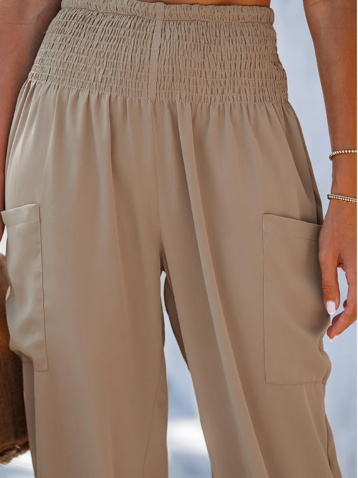 CUPSHE Damen Hose Leicht Jogginghose Hoher Bund Gesmokt Taille Freizeithose Smocked Sommer Haremshos