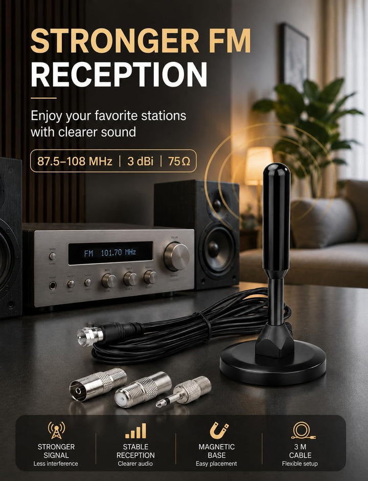 Superbat FM UKW Radio Antenne mit Magnetfuss & 3m Verlängerungskabel | F-Stecker + 3 Adapter | Kompa
