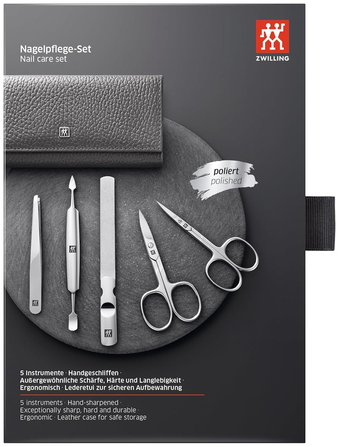 ZWILLING Maniküreset 5-teilig für Nagelpflege und Pediküre aus Rindleder mit Druckknopf, Anthrazit
