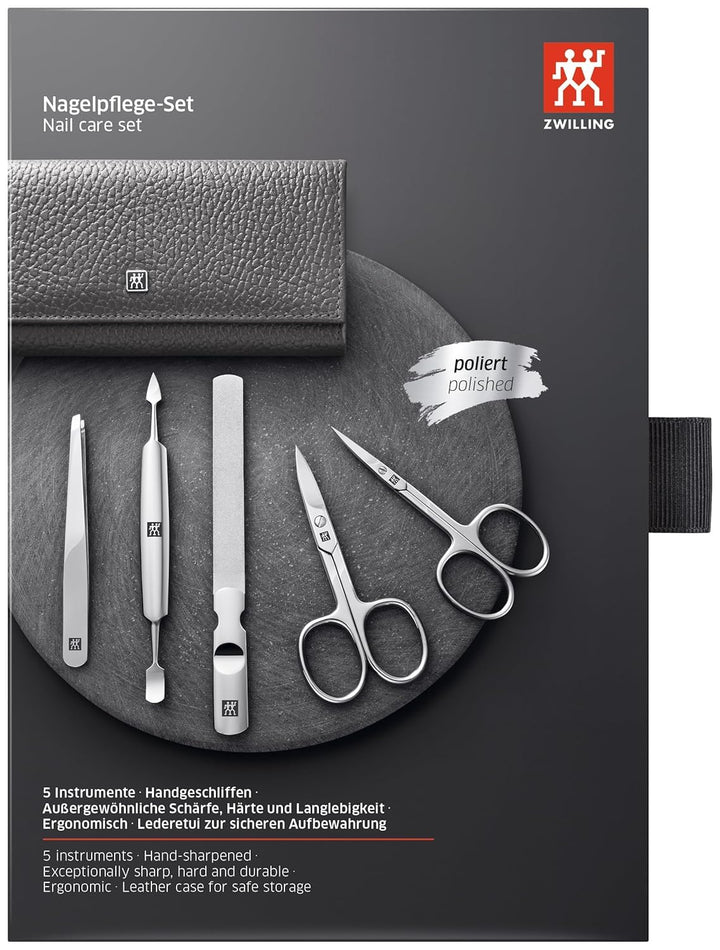 ZWILLING Maniküreset 5-teilig für Nagelpflege und Pediküre aus Rindleder mit Druckknopf, Anthrazit
