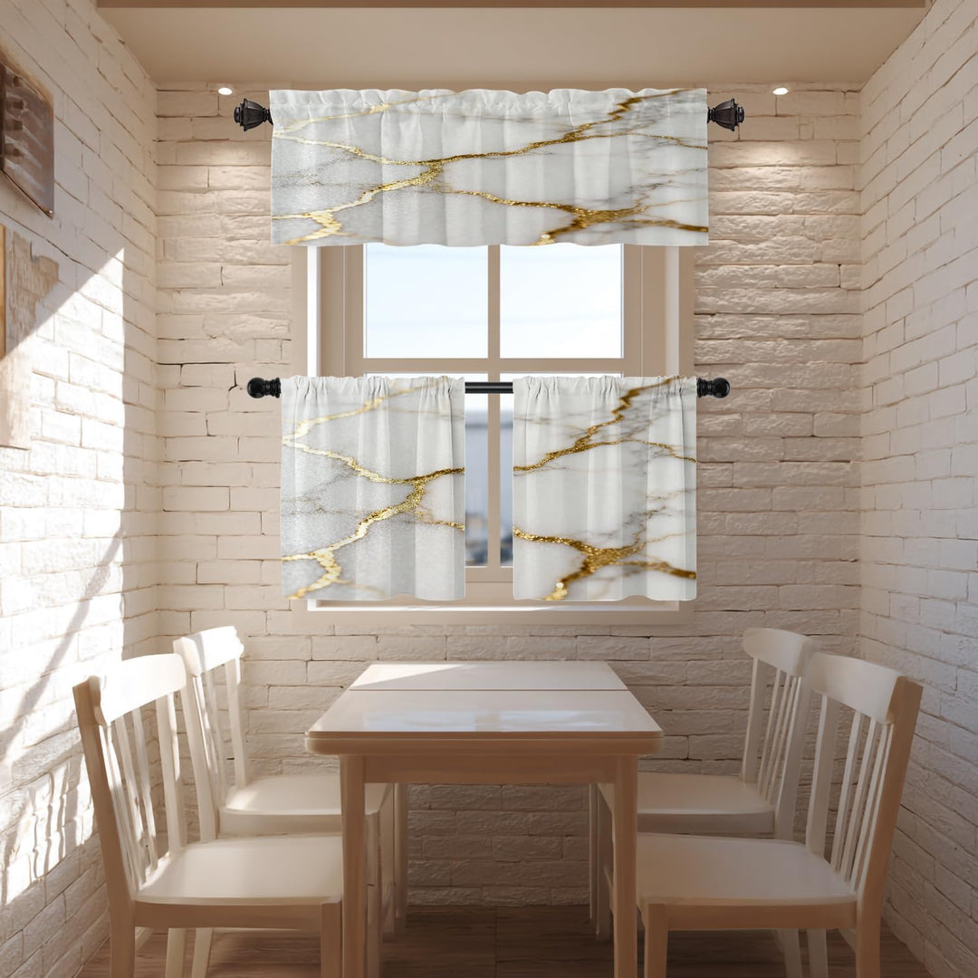 Delicate White Marble Kitchen Valances for Windows,Marble with White Golden Texture Blackout Valance