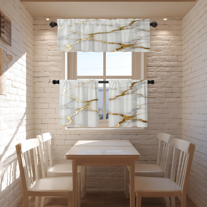 Delicate White Marble Kitchen Valances for Windows,Marble with White Golden Texture Blackout Valance