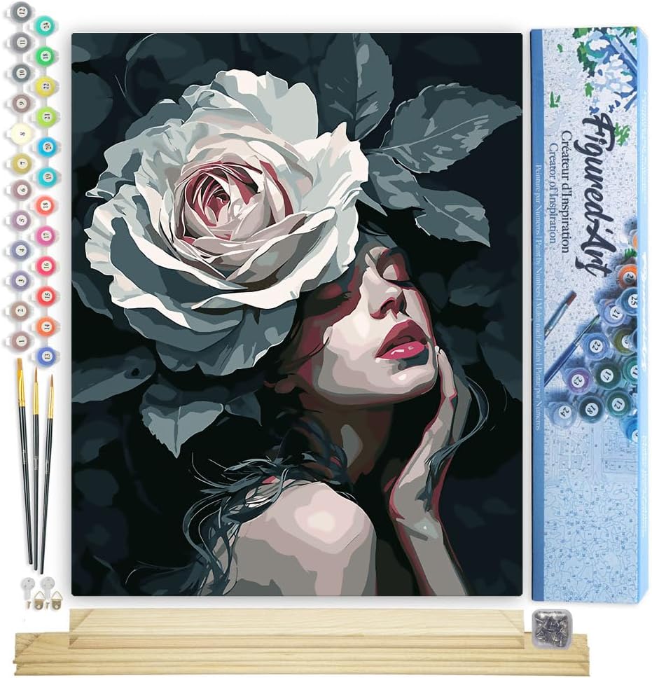 Figured'Art Malen Nach Zahlen Erwachsene Mit Rahmen Dame mit Weisser Rose - Paint by Numbers Basteln