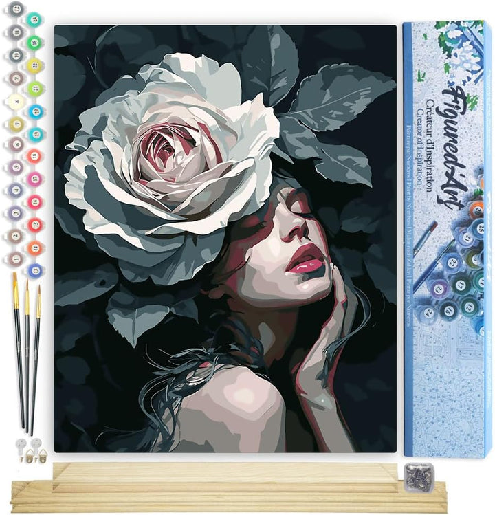 Figured'Art Malen Nach Zahlen Erwachsene Mit Rahmen Dame mit Weisser Rose - Paint by Numbers Basteln