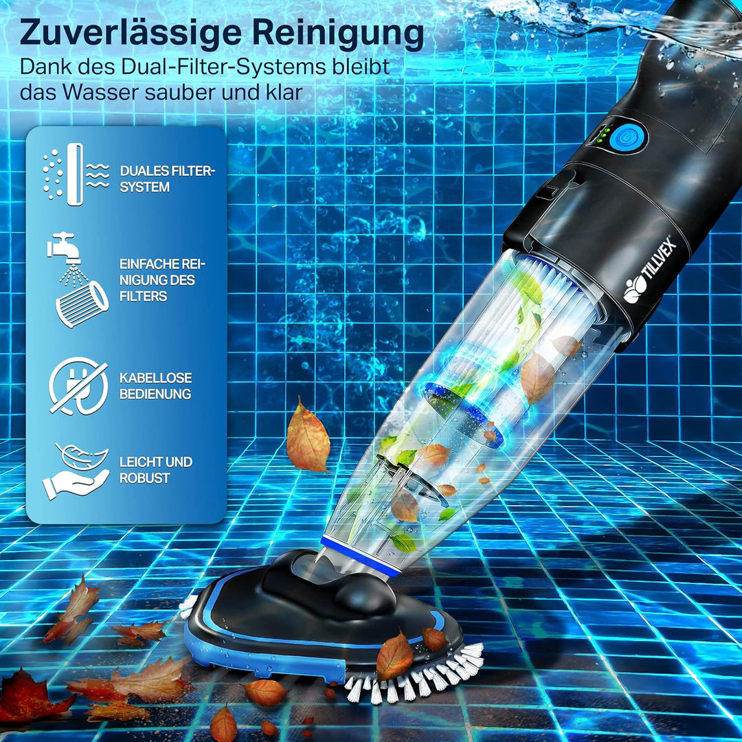 tillvex Poolsauger mit Akku | Pool Bodensauger Teleskopstange elektrisch | Poolreiniger mit Filter &
