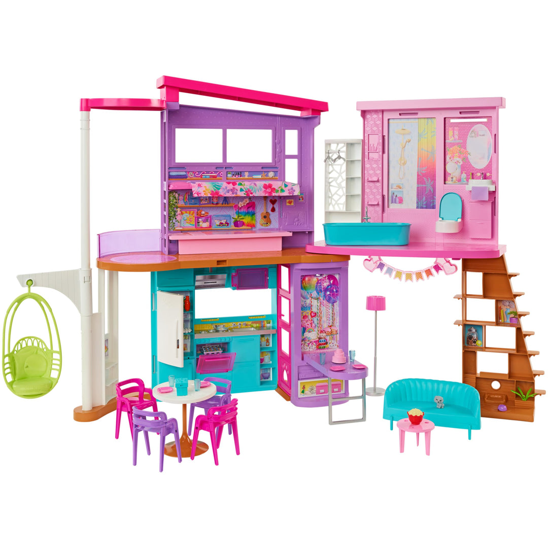 Barbie HCD50 - Malibu Ferien-Haus (klappbar), Puppenhaus mit Möbeln und diversen Zubehör-Teilen, Spi