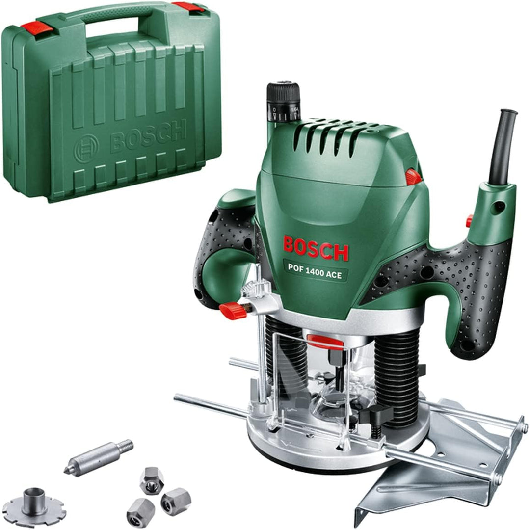 Bosch Oberfräse POF 1400 ACE (3 x Spannzange, Fräser, Parallelanschlag, Absaugadapter, Koffer) + 15t
