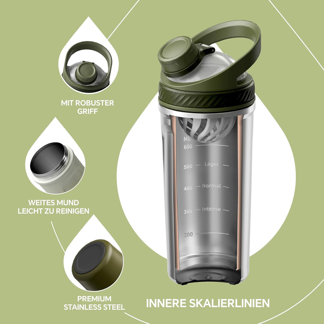 Ideus Shaker Protein Trinkflasche 700ml (24oz)，Doppelwandig Edelstahl Sportflasche mit Skalierlinien