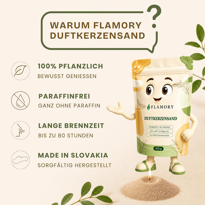 Duftkerzensand 500 g – Kerzensand mit Duft & Dochten (6 Stk.) – ohne Paraffin – aus Pflanzenwachs –