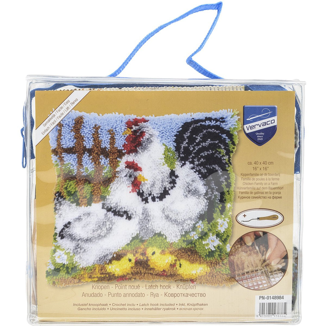 Vervaco Knüpfkissen Hühnerfamilie auf dem Bauernhorf Knüpfpackung, Baumwolle, Mehrfarbig, 40 x 40 x