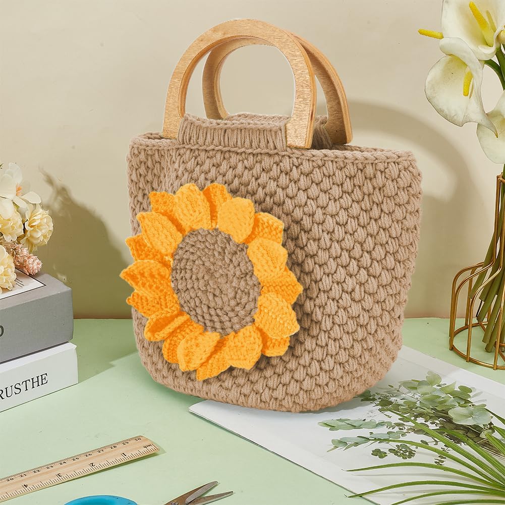 FREEBLOSS Gehäkeltes Sonnenblumen Taschenset Sonnenblumentasche Mit Holzgriff Häkelset Für Anfänger