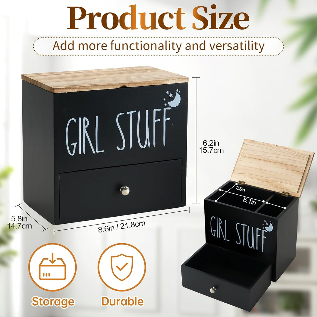 Tampon Aufbewahrungsbox 3 Fächer mit Deckel und Schublade, Badezimmer Organizer Holz Tampon Aufbewah