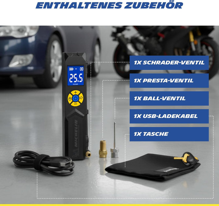 MICHELIN elektrische Fahrradpumpe | Luftpumpe | Akku Mini Kompressor mit LED Licht | 10 Bar/ 150 PSI