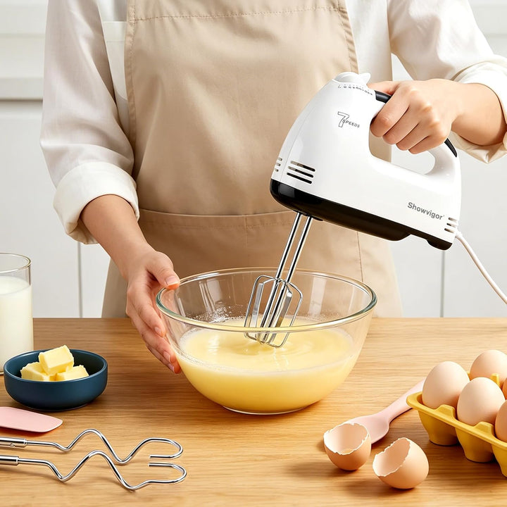 Handmixer Elektrisch 300W mit 7 Geschwindigkeiten, Ergonomischer Griff, Handrührgerät inkl. 2 Rührbe