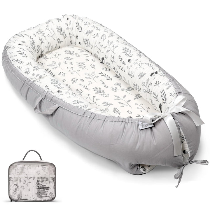 EAQ Babynest Nestchen Baby Weiches Atmungsaktives baby bett Blätter Hellgrau, Blätter Hellgrau