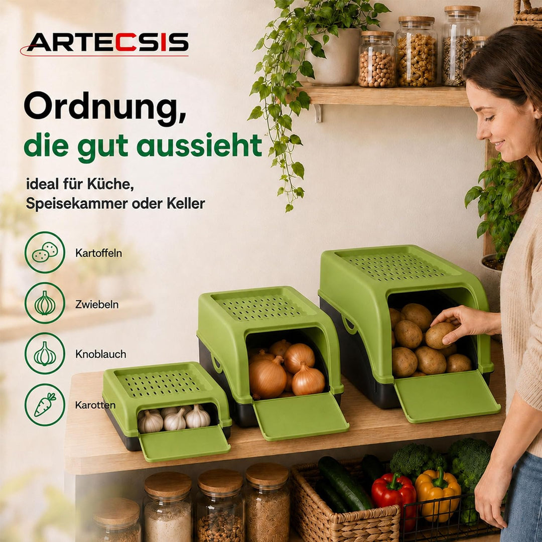ARTECSIS Kartoffel Aufbewahrungsbox grün 2er Set I Gemüsebox Kartoffelbox mit Deckel für ca. 4 kg Ka