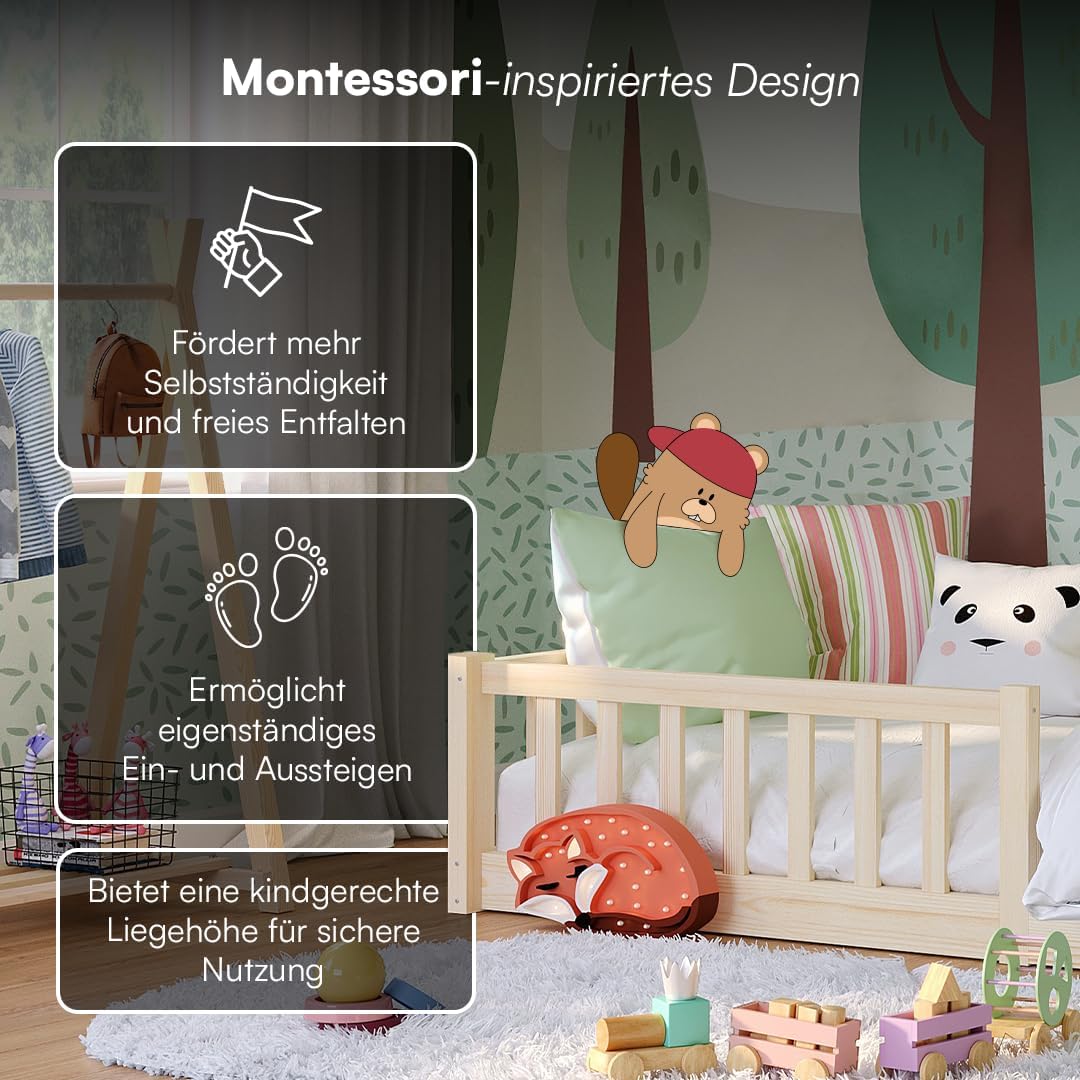 Bellabino Vere Bodenbett 90x200 cm, Massivholz Kiefer, Kleinkindbett, Natur | Montessori Kinderbett
