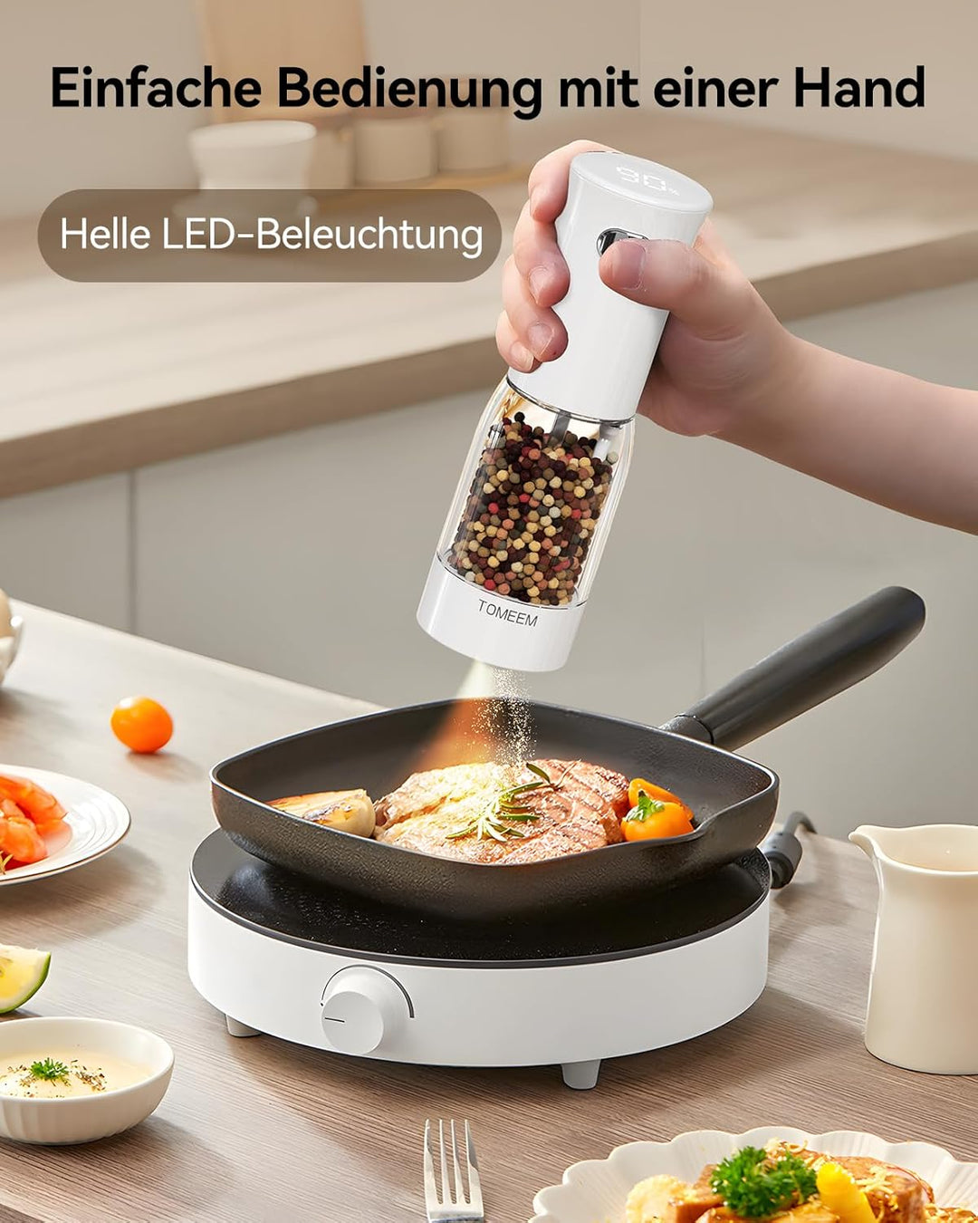 TOMEEM Elektrisches Salz- und Pfeffermühlen-Set – wiederaufladbar mit LED-Betriebsanzeige, 5-stufig