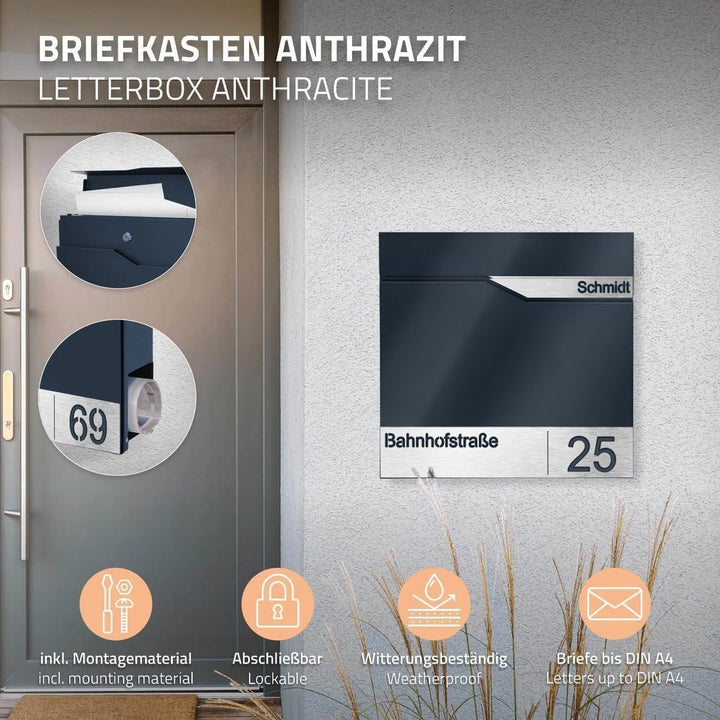 MTEC Briefkasten mit Edelstahl Namensschild - Robuster Wandbriefkasten Anthrazit RAL7016 - Wetterfes
