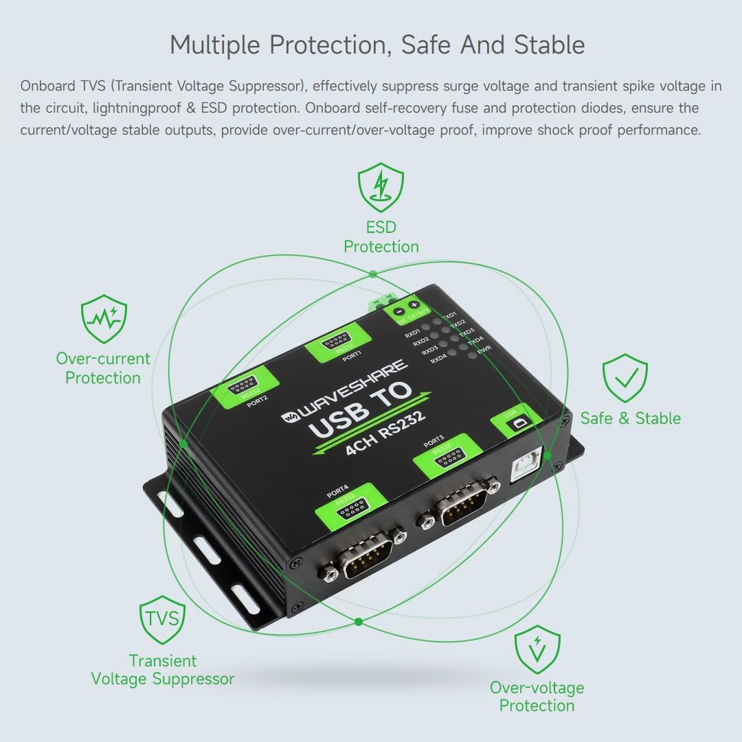 Waveshare Industrial Isolated USB to 4CH RS232 Converter (DB9 Male Interface), Adopts Original FT423