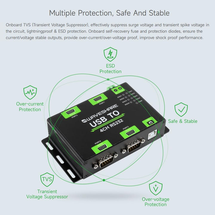 Waveshare Industrial Isolated USB to 4CH RS232 Converter (DB9 Male Interface), Adopts Original FT423