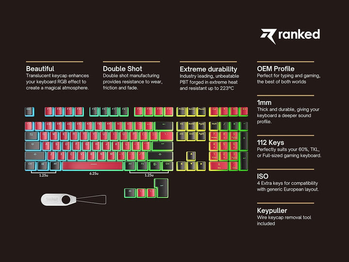 Ranked Pudding PBT-Tastenkappen | 112 Double Shot Transluzent ANSI US- und ISO-Layout | OEM-Profil f