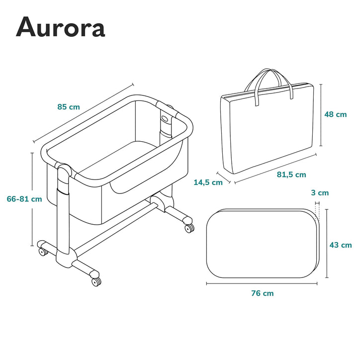 Lionelo Aurora 3 in 1 Babybett bis 9 kg, Beistellbett, Wiege, Höhenverstellug und Einstellung der Ne