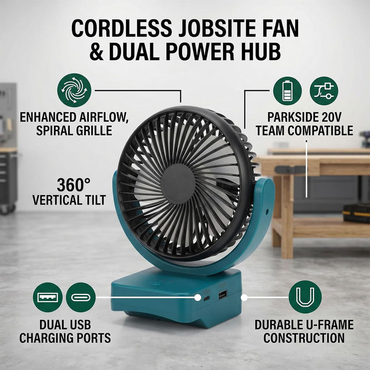 Tragbarer Kabelloser Baustellenventilator, Passend für PARKSIDE 20 V, Bürstenloser Motor, USB A und