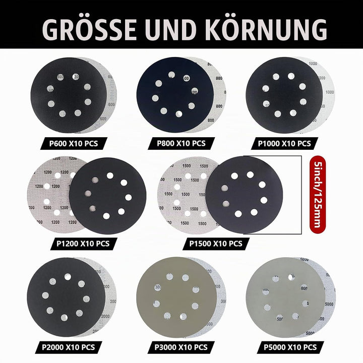 GZKTY Nassschleifpapier 125mm Klett - 80 Stück Schleifscheiben Set (600/800/1000/1200/1500/2000/3000