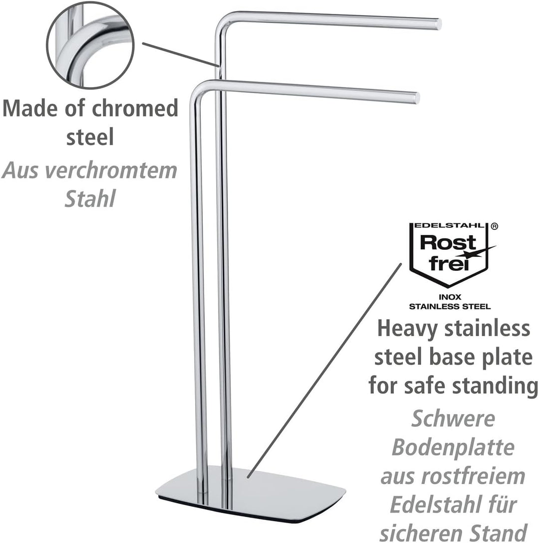 WENKO Handtuchständer Iria, freistehend, für kleine Bäder, mit 2 Handtuchstangen, standfeste Bodenpl